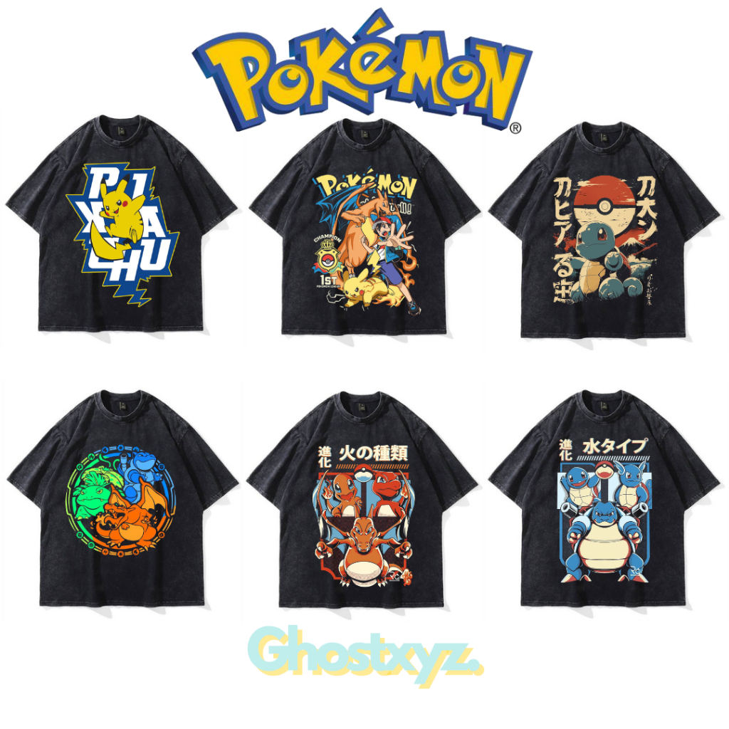 Ghostxyz T-Shirt Pokemon Wash Oversize Vintage Tee Baju Kaos