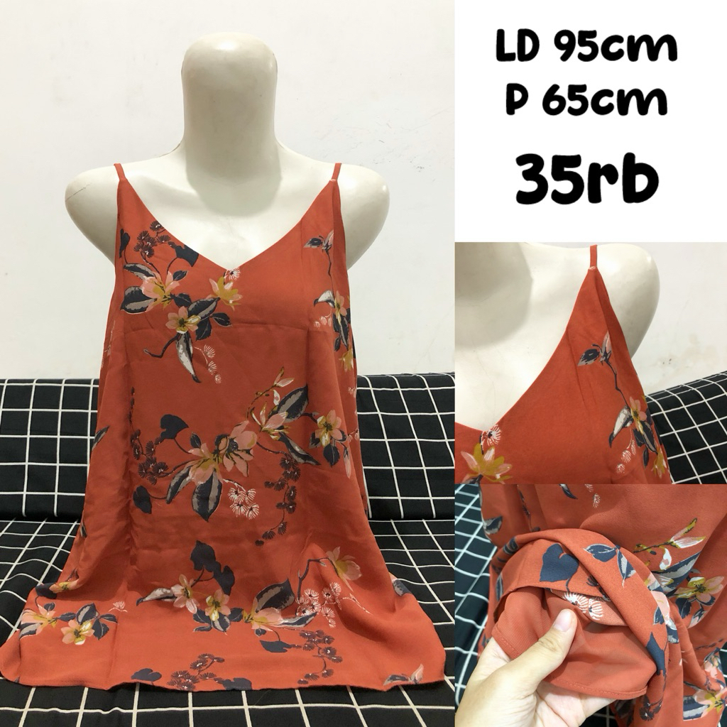 tanktop blouse v neck tali satu terracota oren floral coquette
