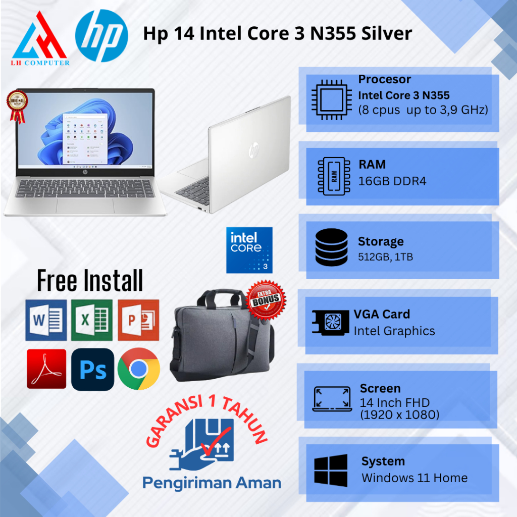 Laptop Baru Hp 14 Intel Core 3 N355 8Cpu 3,9Ghz