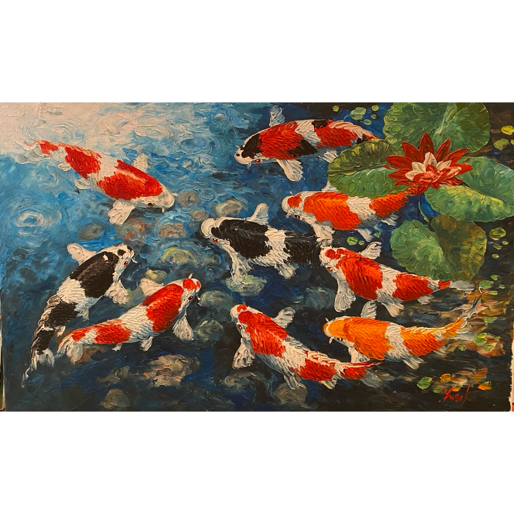 Lukisan Ikan Koi, Ikan Koi bertekstur, lukisan canvas asli buatan tangan
