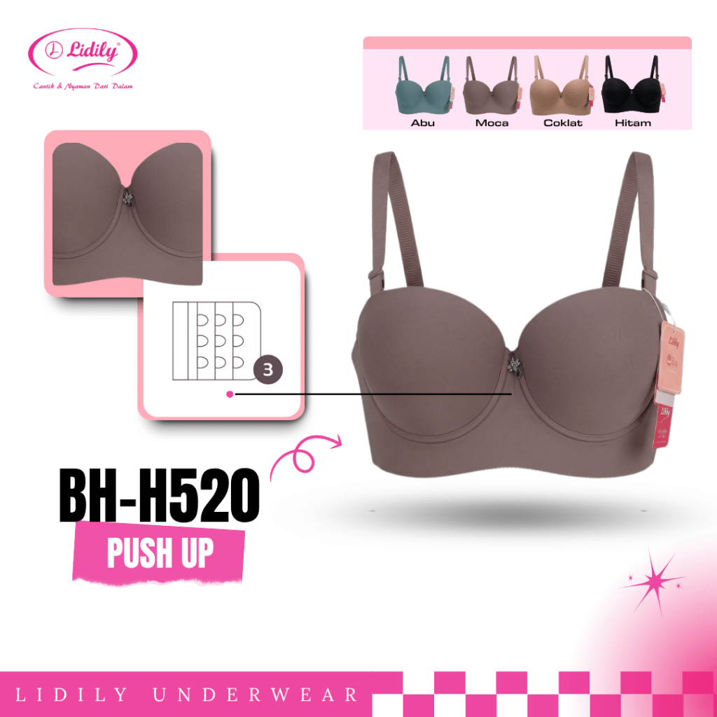 LIDILY - Bra Seamless Wanita BH H520 Lidily Cup B Push Up Bra Kawat Tali Lepas Pasang 3 Kait Nyaman 
