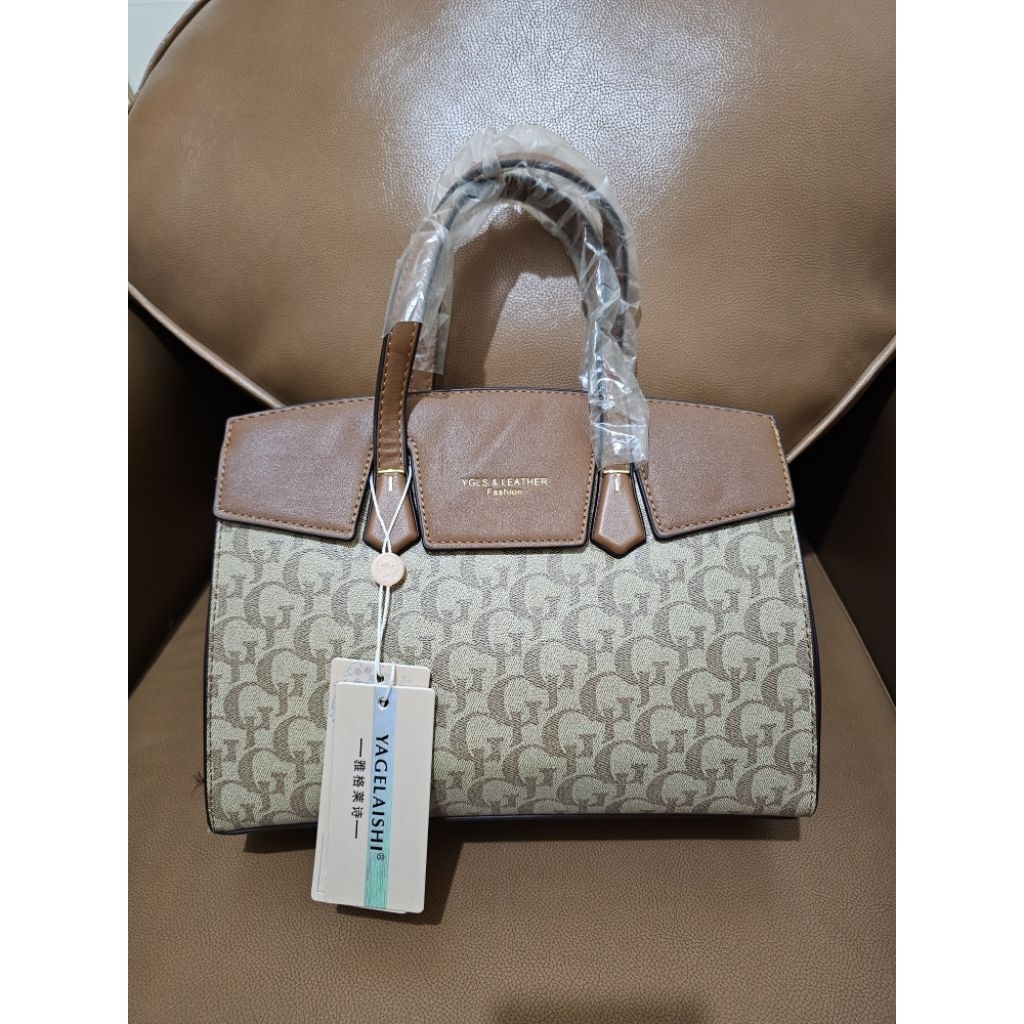YGLS Handbag Beige Cream Monogram Pattern With Brown Top Handle / Tas Wanita