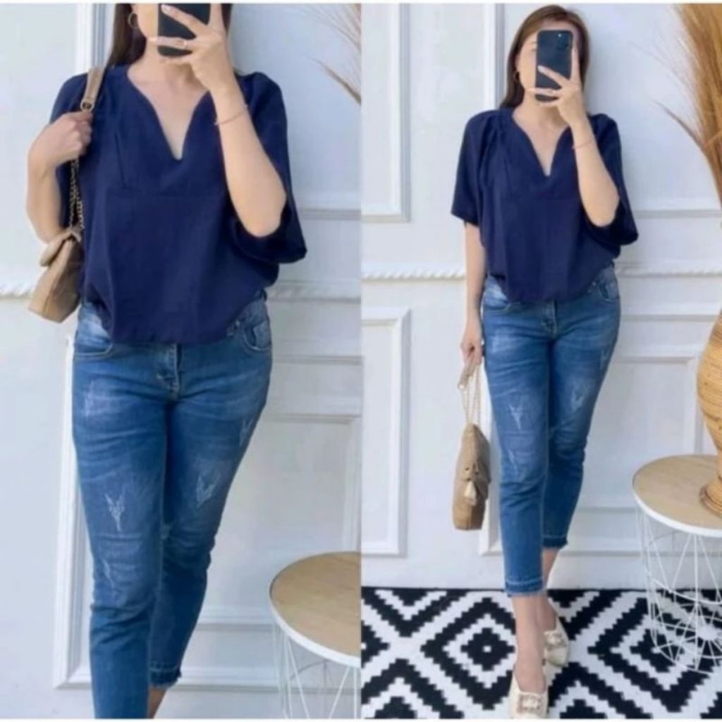 Atasan Wanita Blouse V neck Crinkle Airplow Size L XL XXL Terbaru Murah