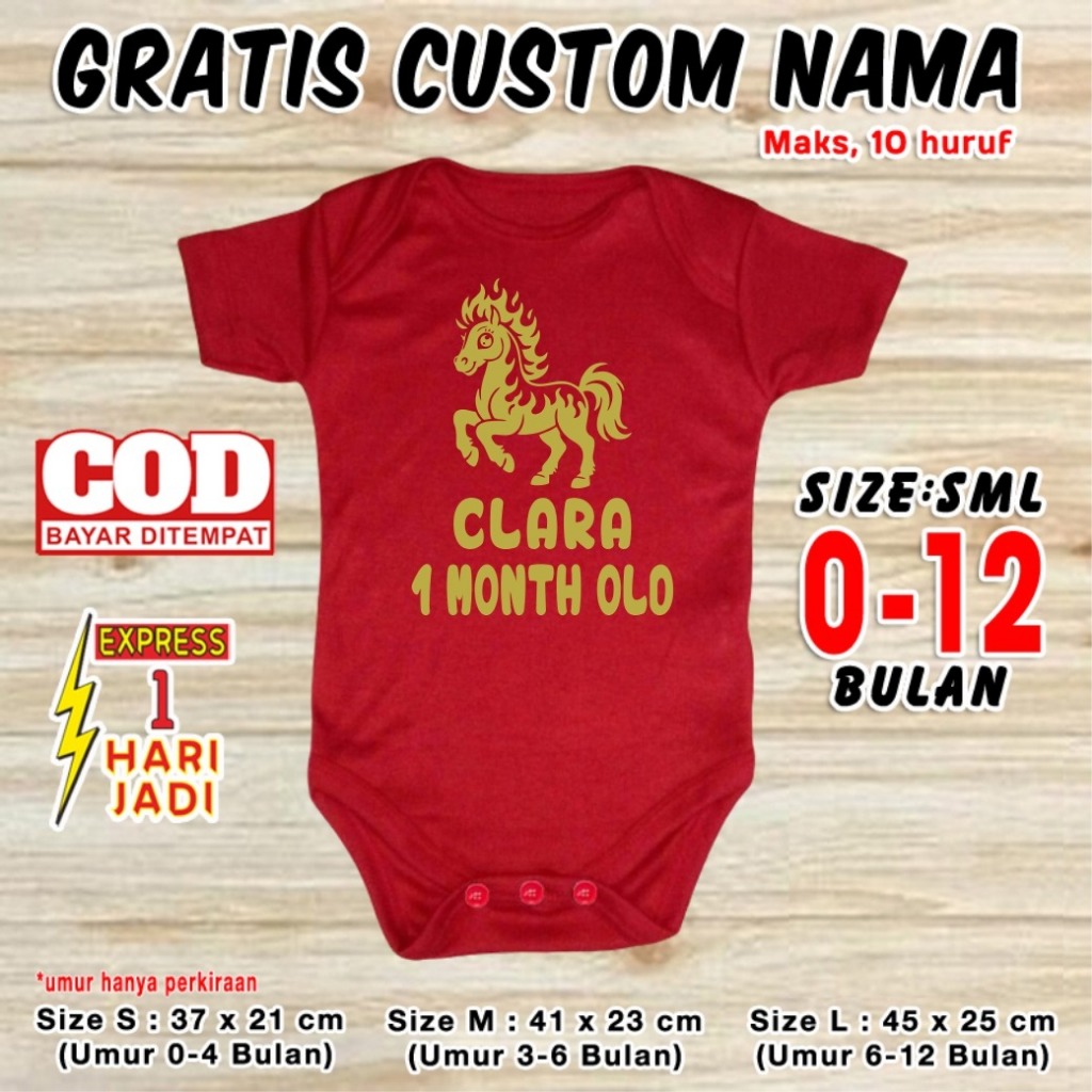 Baju Bayi Newborn Shio KUDA 1 Month Old GRATIS CUSTOM NAMA Kostum Satu Bulanan Gambar Karakter Horse