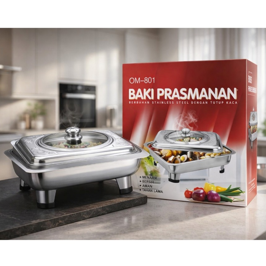 Tempat Makan Prasmanan Stainless Tutup Kaca / Wadah Penyimpanan Makanan Lauk dan Sayur dengan Tutup 
