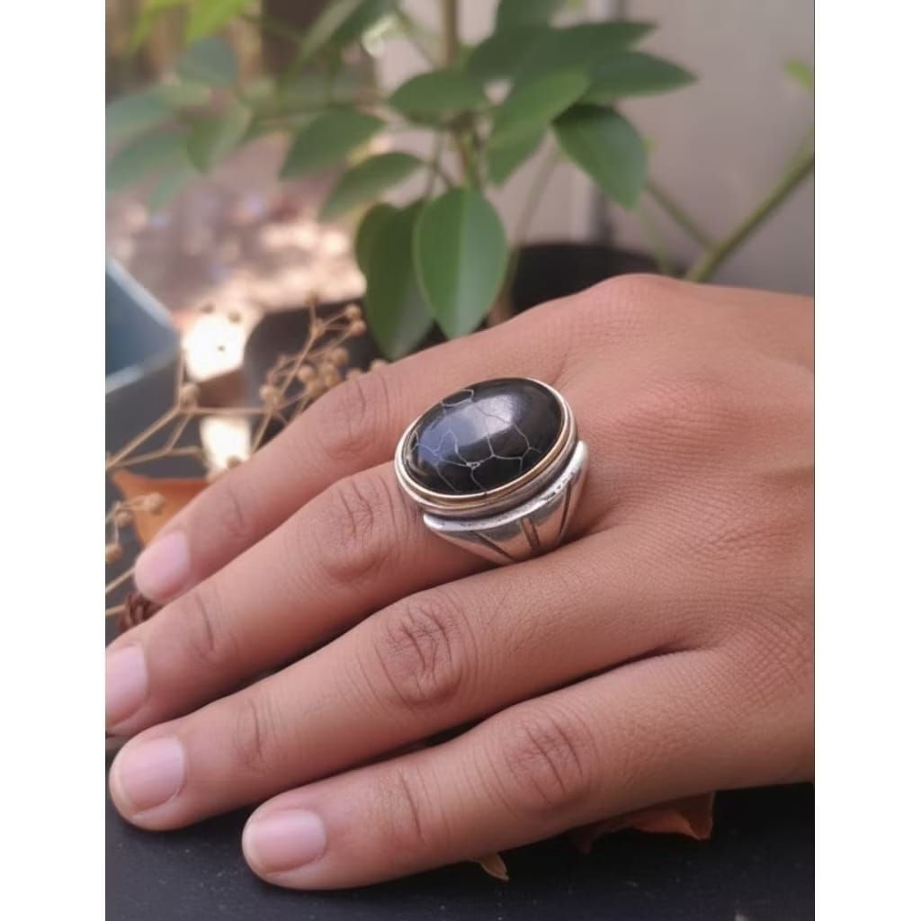 Cincin batu akik pirus hitam mesir bukan situbondo urat putih ring monel hitam