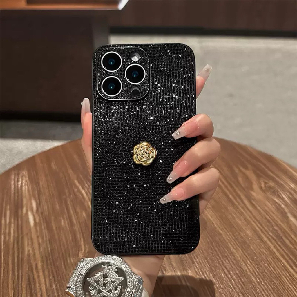 Case Hp handphone hitam iphone softcase bunga aesthetic 16 16promax 17 17promax
