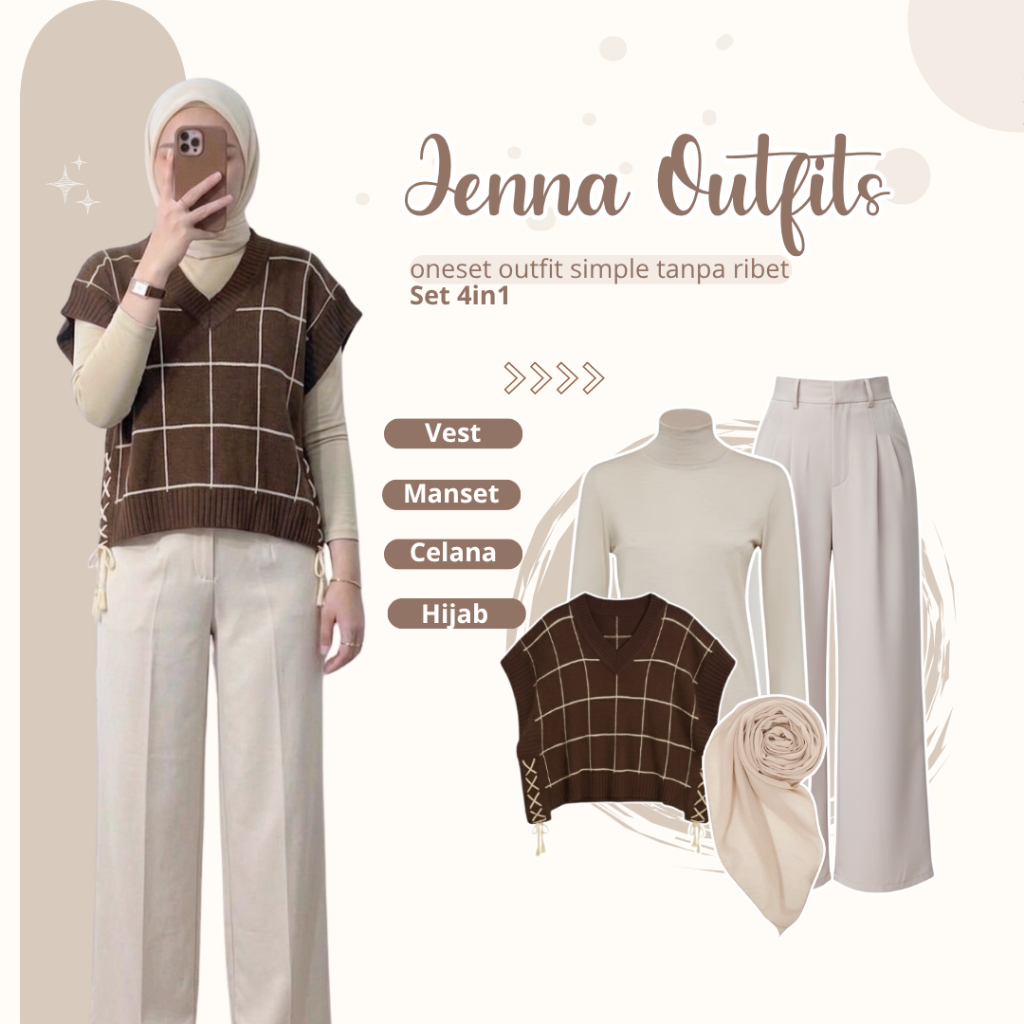 3 in 1 Outfit Set Casual Remaja ( Jenna Vest Rajut + Celana Oro Pants + Inner + Hijab Bella ) Setela