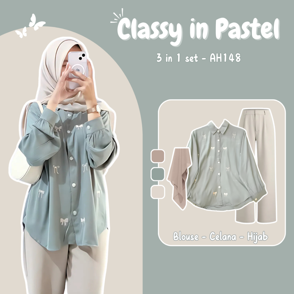 iconix outfit 3 in 1 set AH148 - ootd korean style one set wanita remaja kekinian setelan kemeja blo