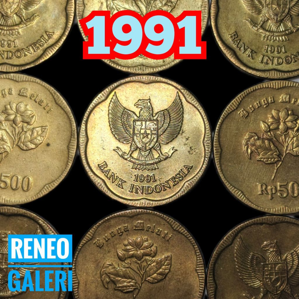 VF Koin 500 Rupiah Melati Besar Tahun 1991 Kuning Asli uang kuno logam Indonesia original