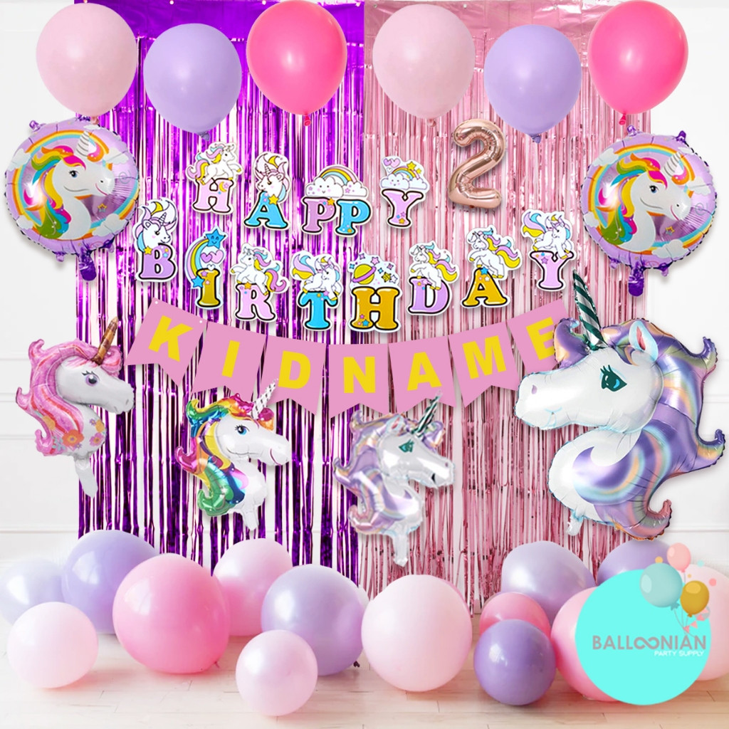 (Paket dekorasi balon ultah)Unicorn Ungu Pink Pastel - Dekorasi ulang tahun anak ukuran lebar 2-3m, 