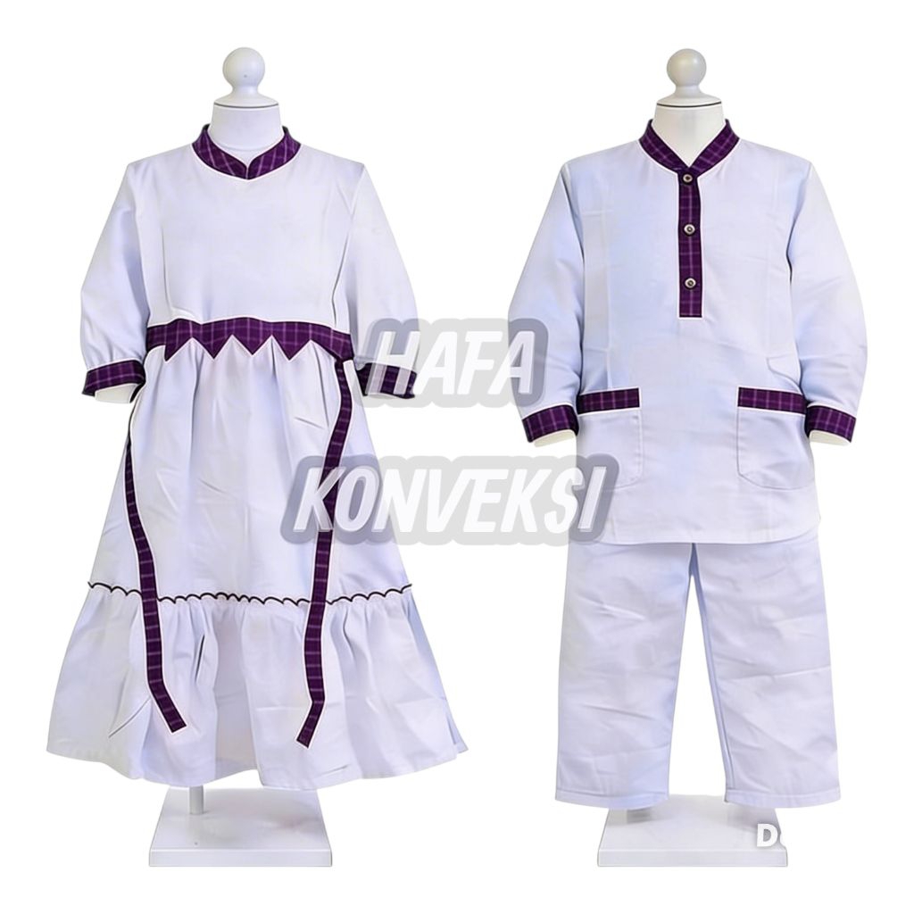 Baju Muslim Anak / Seragam Muslim Anak Tk Gamis Putih Kotak Ungu