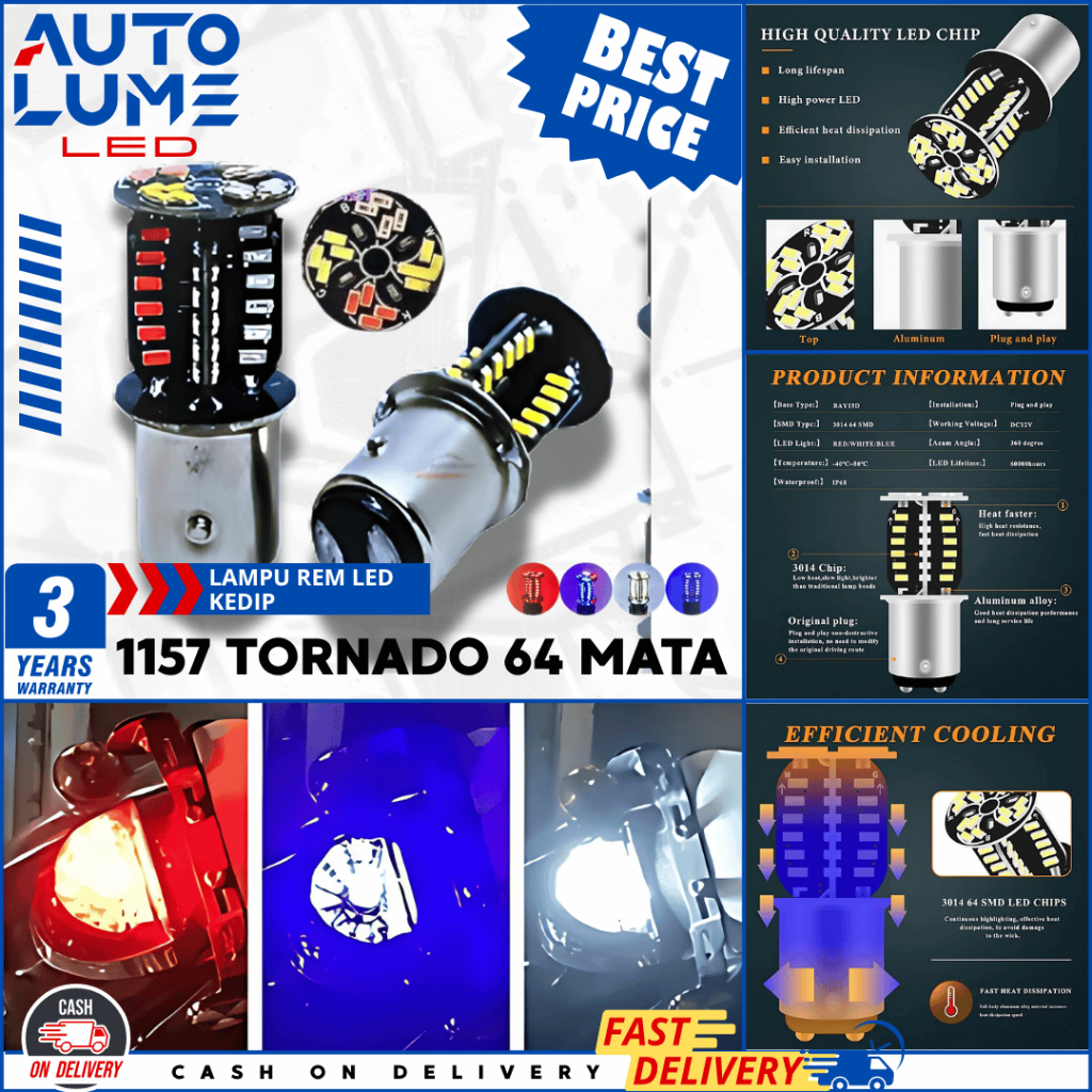 AutoLume Lampu LED Rem Belakang Rotari Motor & Mobil – Strobo RGB 64 Mata, Super Terang & UNIVERSAL 