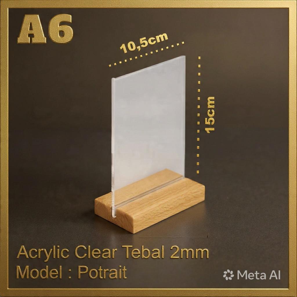 Akrilik Tempat Brosur/Tent Holder /Tent Card A6 Kaki Kayu
