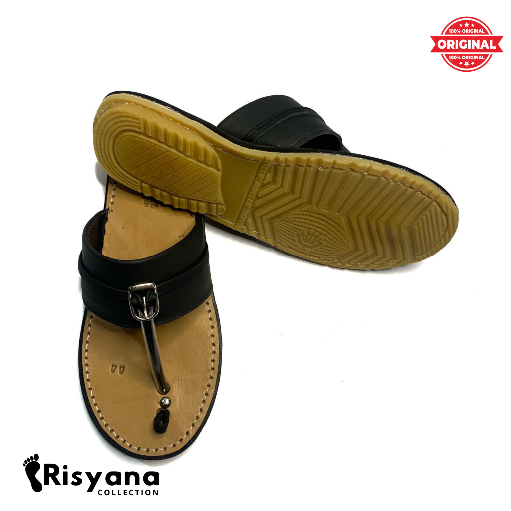 Sandal Tarumpah Pria Model Nonslip Rata Kulit Asli Original Warna Hitam Coklat Susu Tan Putih Coklat