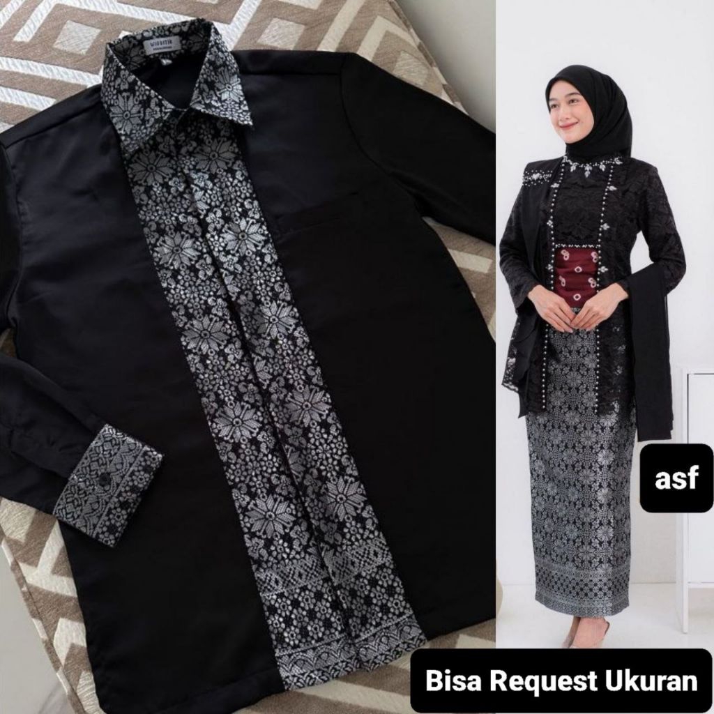 SET KEBAYA KUTU BARU LAKSMI HITAM ORI COUPLE KEMEJA KOKO KOMBINASI ANAK & JUMBO / BAJU SETELAN SERAG