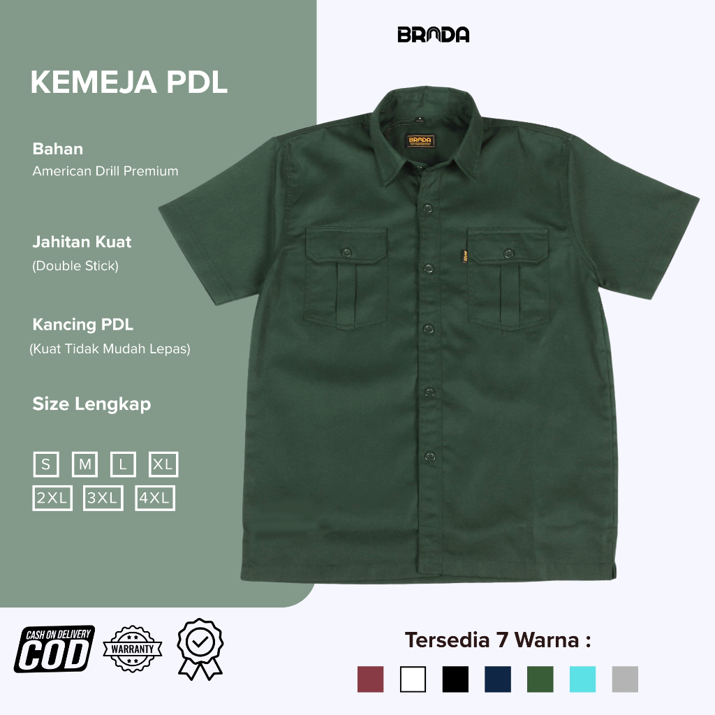 BRADA - Kemeja PDL PDH Drill / Baju Atasan Seragam Kerja Lapangan Pendek Hijau Army