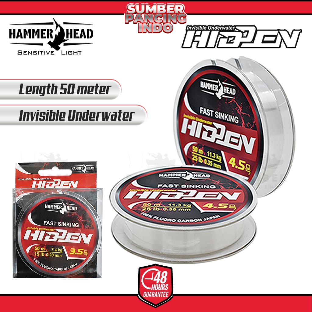 HAMMERHEAD Senar Pancing Leader HIDDEN 50m 100% Fluorocarbon - Clear - Invisible Underwater - Japan 