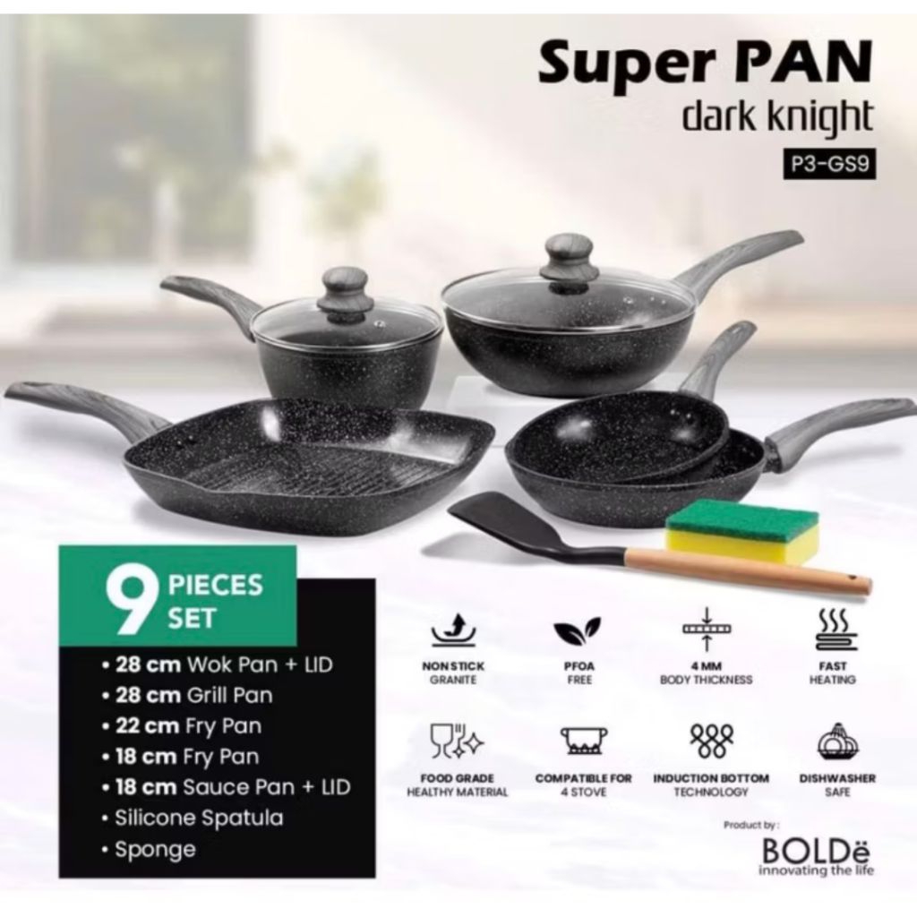 BOLDE DARK KNIGHT SET Pan Wajan Grill Panci Granite Anti Lengket Teflon Kecil