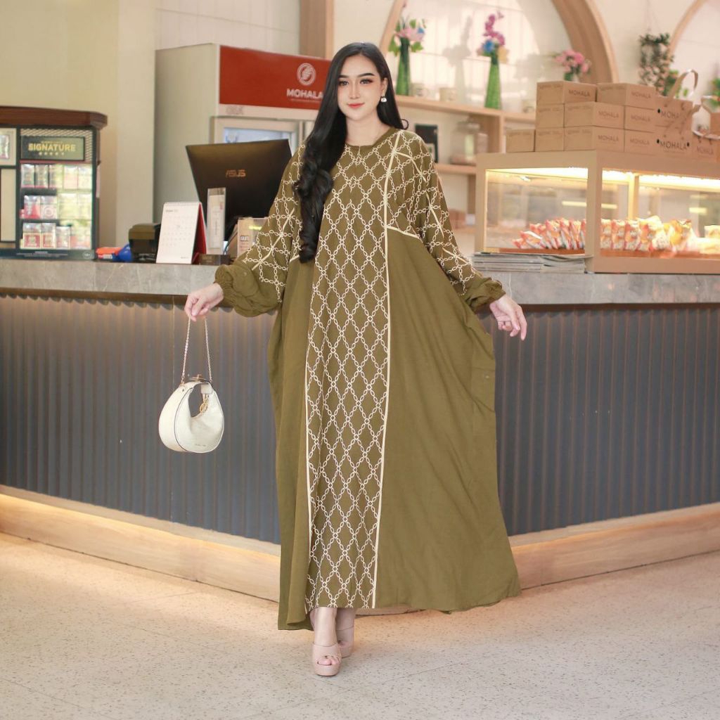 Gamis Kaftan Terbaru Motif Dinda Rayon Adem Busui Resleting Depan