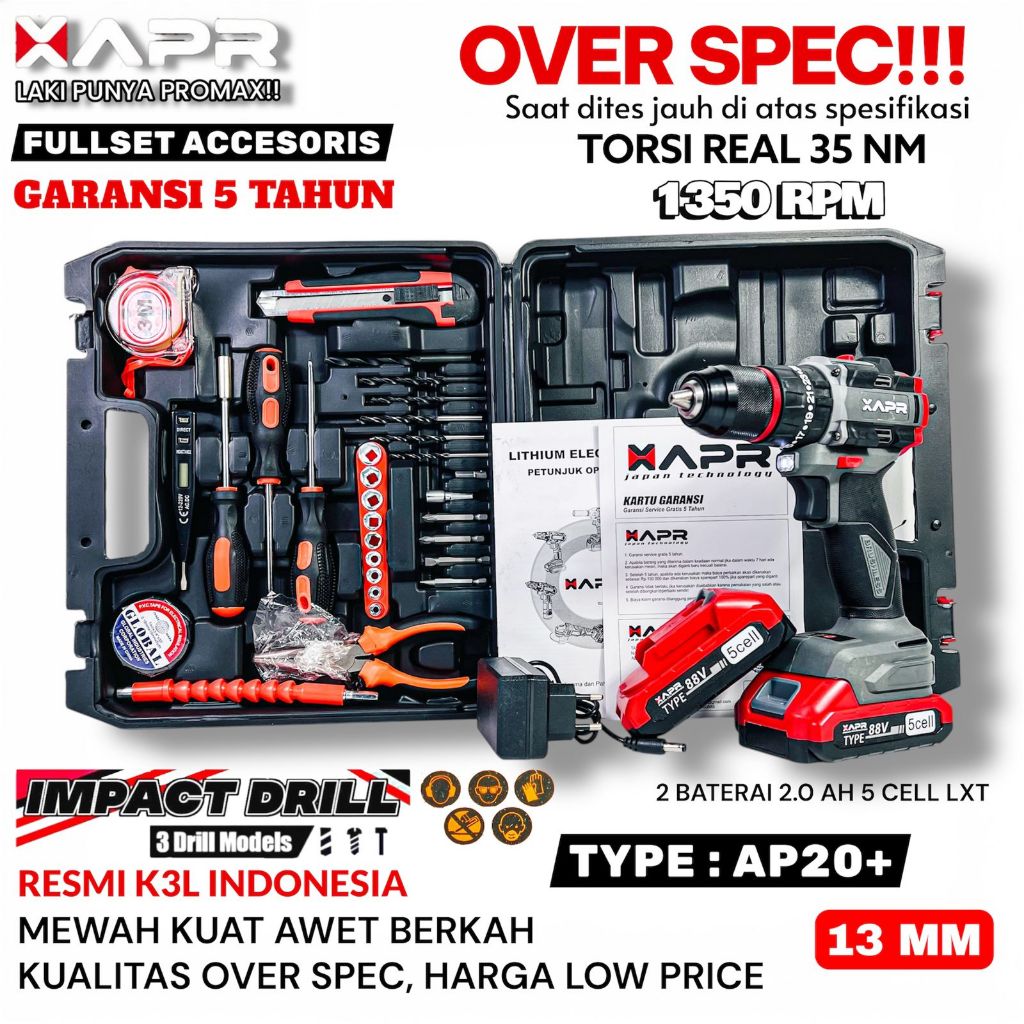 Mesin Bor Baterai APR AP20+ Brushless 13mm Impact Drill Cordless 88V 2Baterai GARANSI RESMI