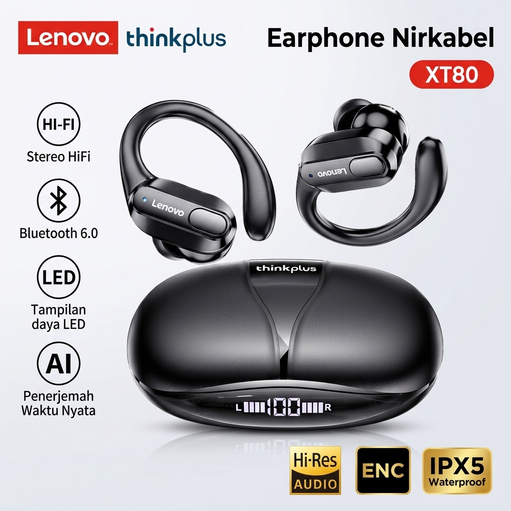 Lenovo ThinkPlus XT80 Earphone Bluetooth untuk Webinar & Kursus Online, Mic HD Jernih, Garansi 1 Tah