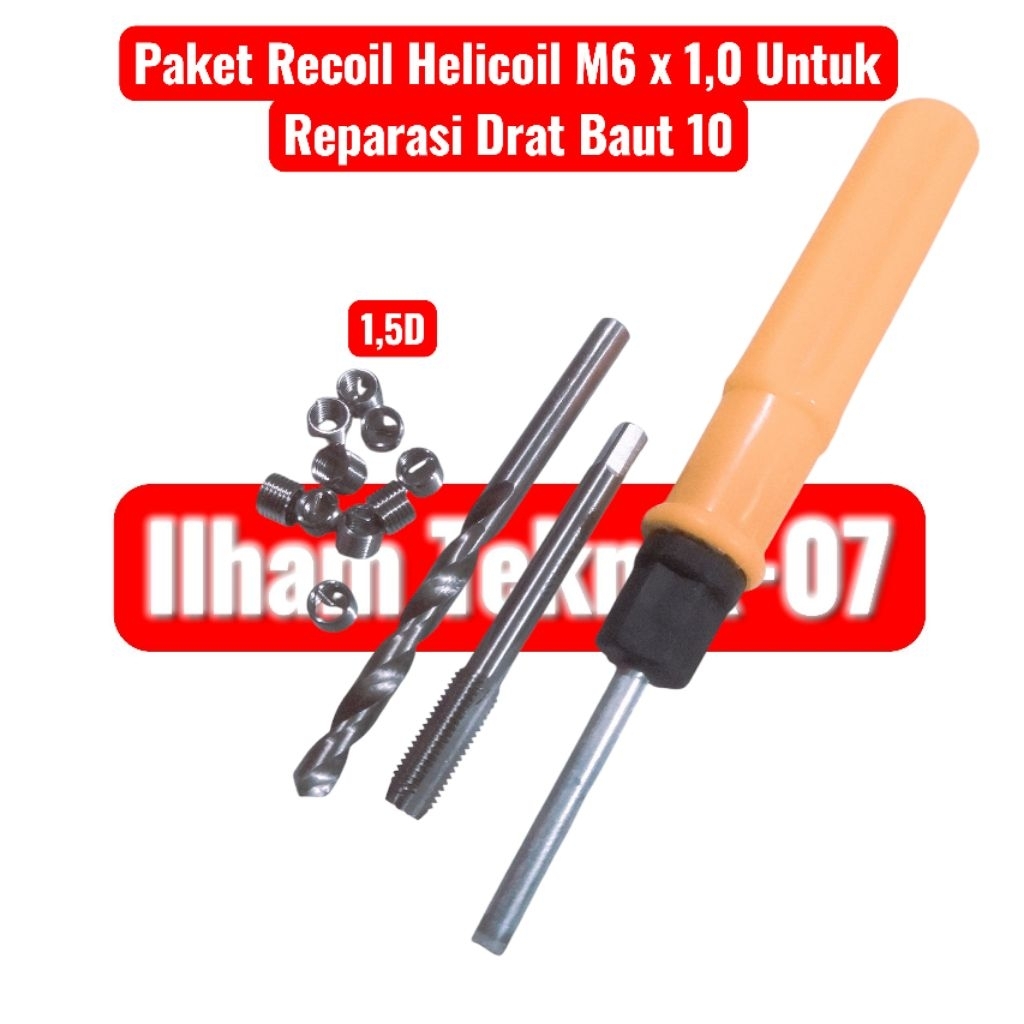 Paket Recoil Helicoil M6 x 1,0 Untuk Reparasi Drat Baut 10 alat Reparasi Drat baut 10