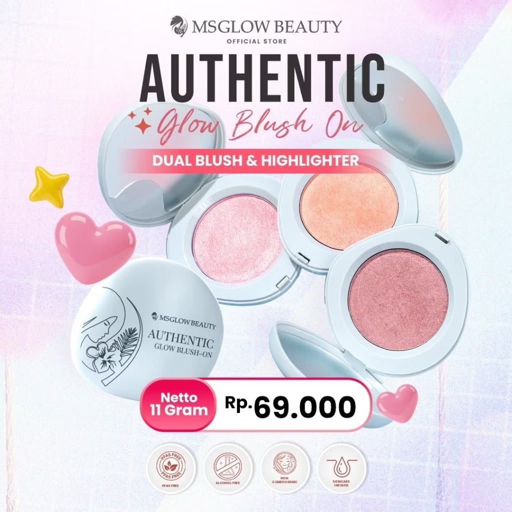 MS GLOW Authentic Glow Blush On 11g - Dual Blush & Highlighter Skincare Infused Non Comedogenic Orig