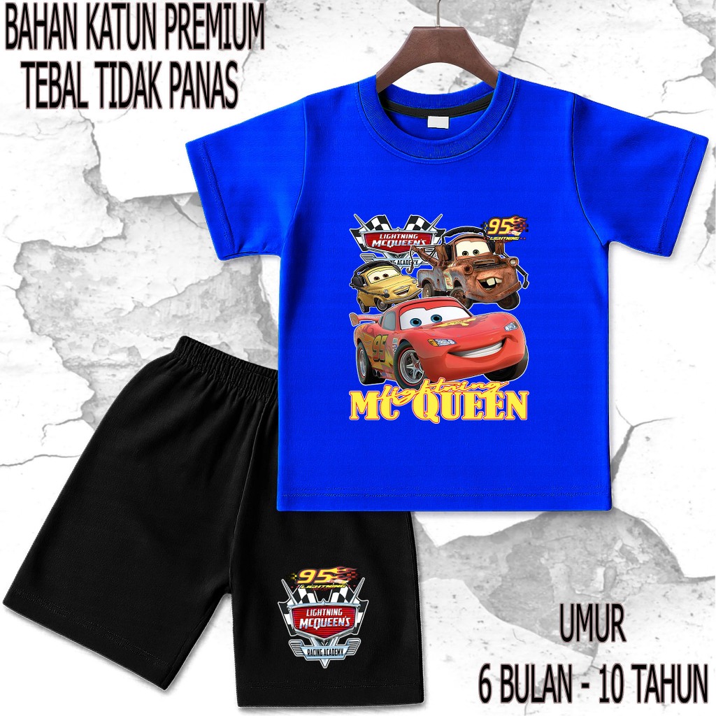 setelan baju anak - anak mobil mcqueen umur/tahun 6 bulan - 10 tahun bahan katun premium sablon DTF 