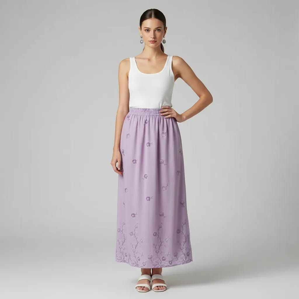 Rok panjang wanita motif bunga warna ungu