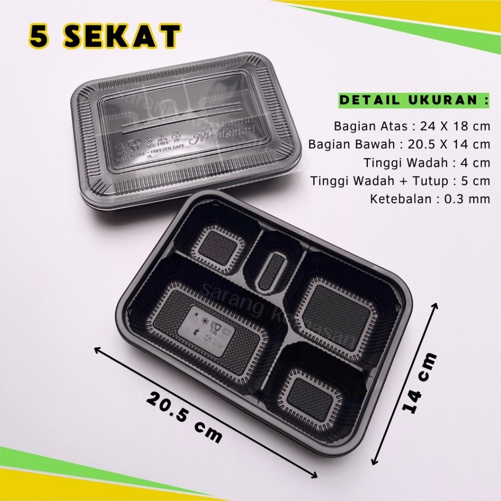 Thinwall Bento TUPAI Hitam Sekat 5 / Thinwall Bento Hitam / Kotak Bekal Hitam / Isi 25pcs(PAK)