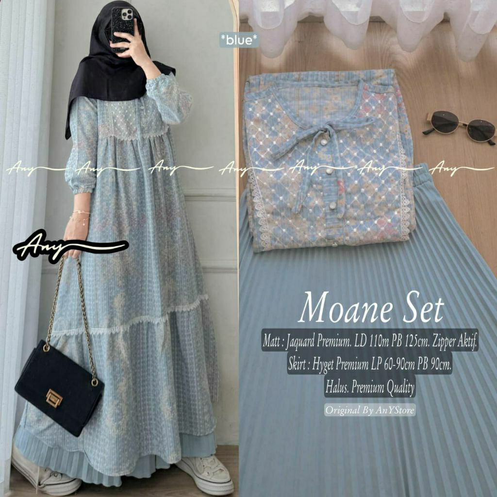Moane setelan rok plisket remaja muslimah long tunik jaquaard cantik