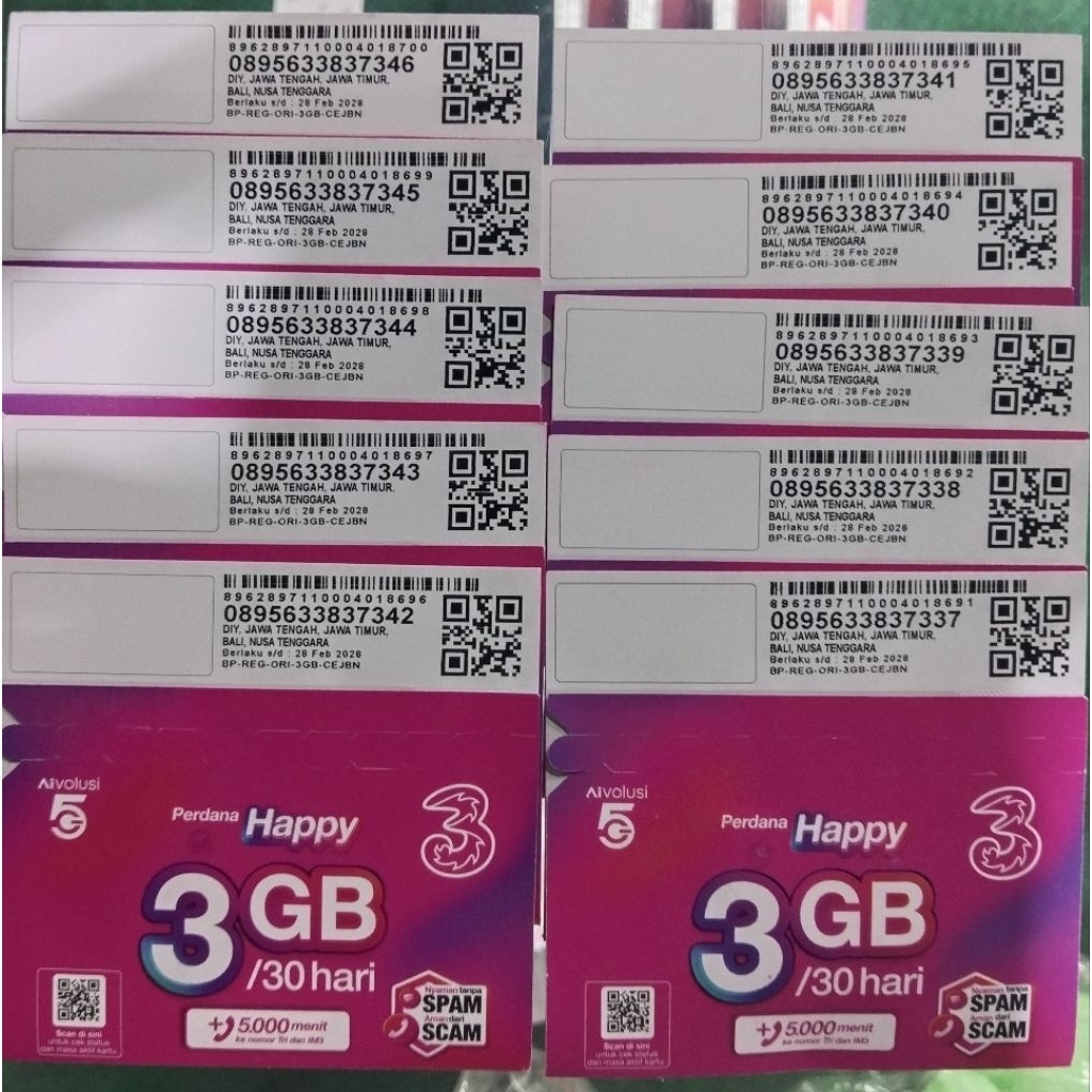 Kartu Perdana Tri 3GB Kuota Nasional, Masa Aktif 30 Hari kartu PERDANA BARU BELUM REGISTRASI. kartu 