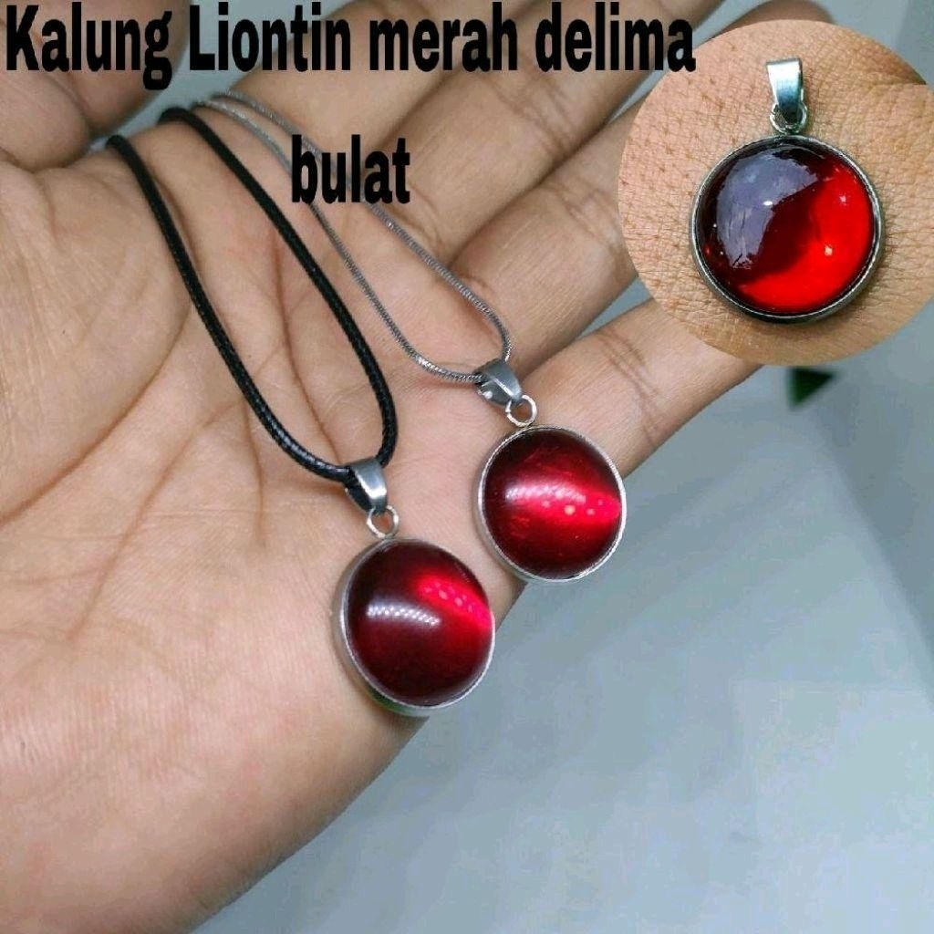 Kalung liontin batu bulat merah siam