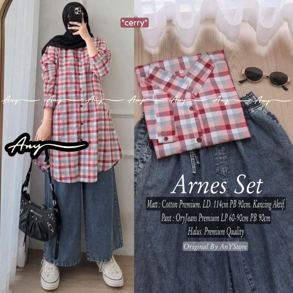 Arnes Set Tunik Katun Kotak Mix Kulot Jeans (Any)