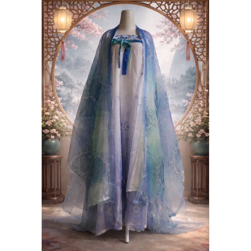 Hanfu Modern Wanita Set Dress Biru + Outer Transparan Flowing Aesthetic