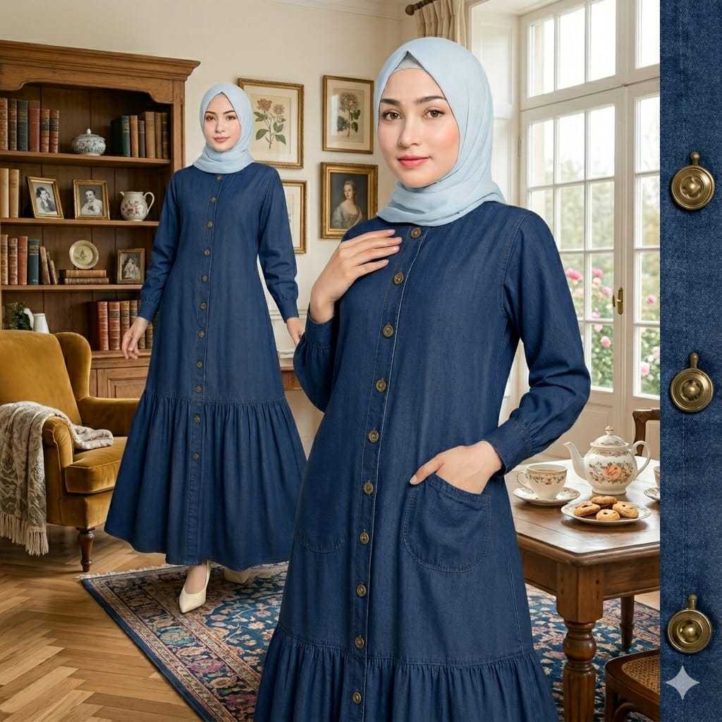 Gamis Jeans Susun Levis Terbaru 2026 Premium - Dress Denim Wanita Kekinian Modern - Gamis Jeans Terl