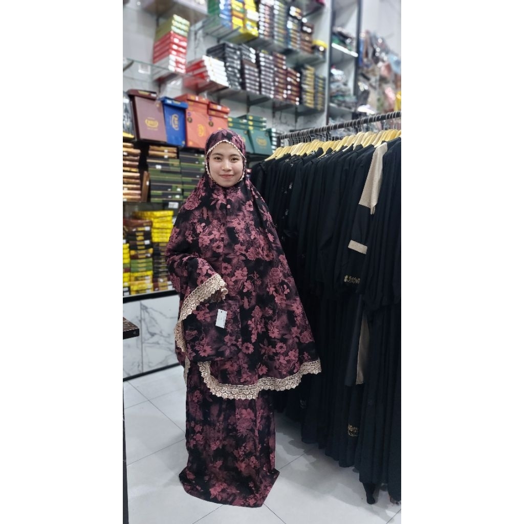 mukena rayon motif kombinasi hitam