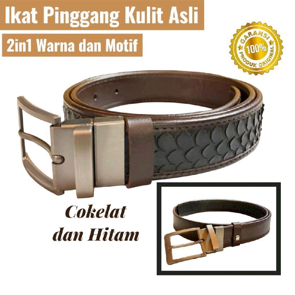 Ikat Pinggang Sabuk Kulit Asli 2in1 bolak balik 2 warna 2 motif terbaru
