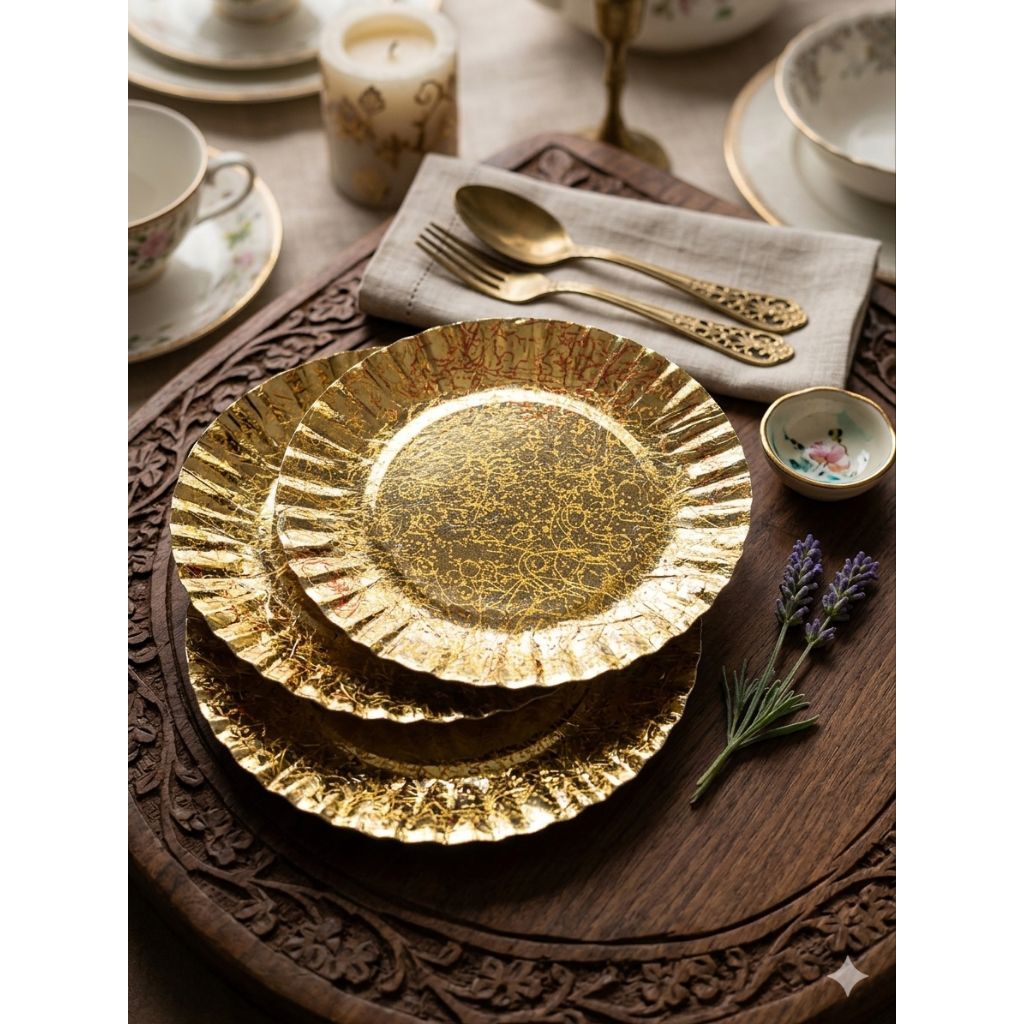 Piring Kue Kertas karton 10 Pcs - Warna Gold, Tahan Minyak,  Motif menarik