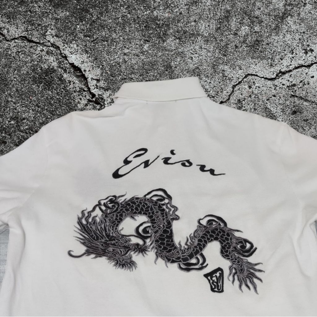 EVISU DRAGON AUTHENTIC SUKAJAN FULL BORDIR POLO SHIRT VINTAGE VERY RARE ITEM