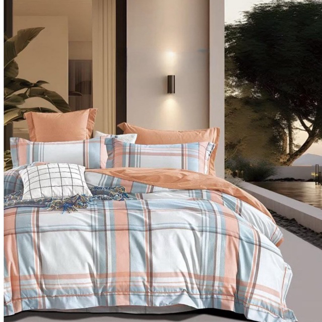 BIOSIBEDDING Sprei Katun Jepang Motif Kotak Garis Coklat Krem Biru Coklat Abstrak Soft Custom King Q