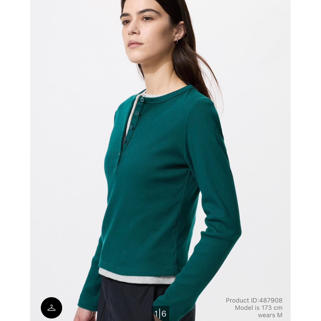 JASTIP UNIQLO Women Ribbed Henley Kaos Lengan Panjang