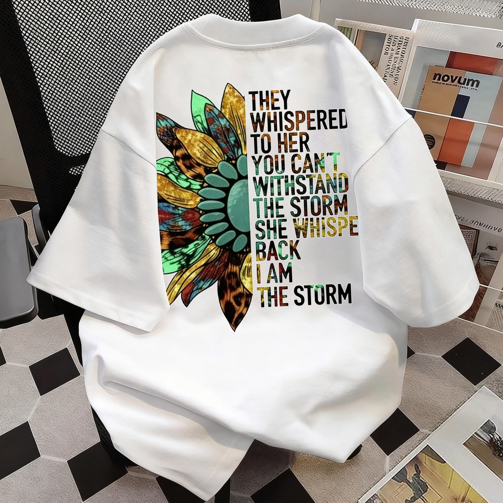 Kaos Oversize Pria Wanita Motif Bunga Matahari Quote Motivasi Aesthetic Putih