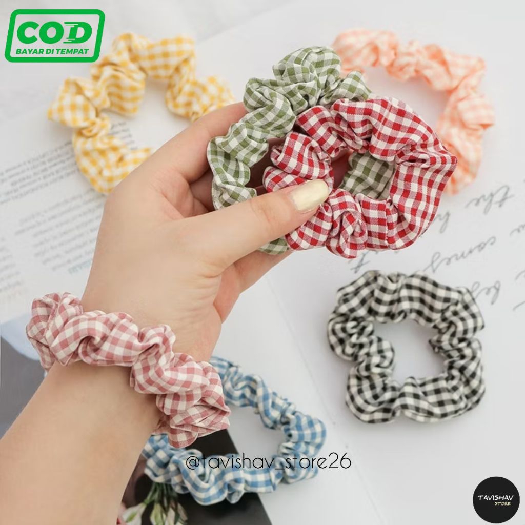 Ikat Rambut Korea Kain Motif Kotak | Ikat Rambut Ala Korea