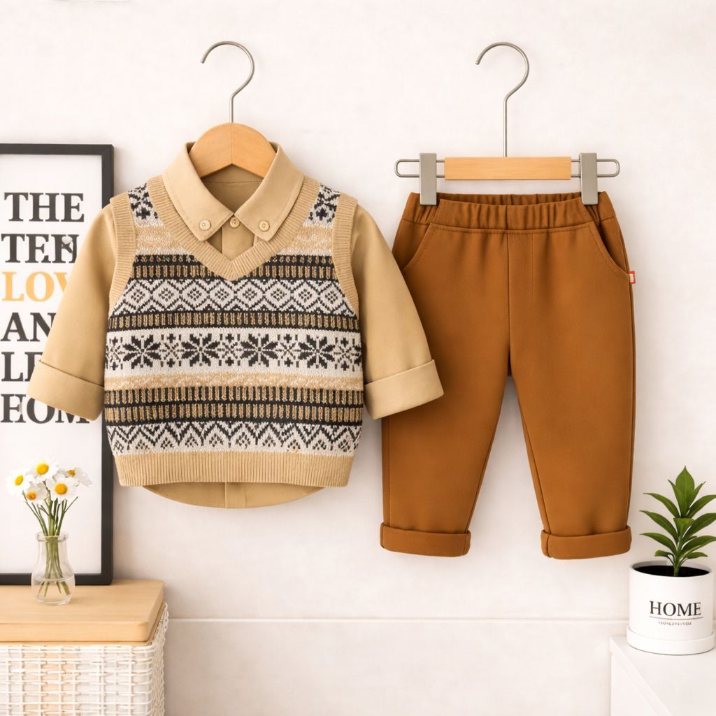BAJU 3IN1 RAJUT JERAPA ANAK LAKI LAKI BAJU VEST KEMEJA DAN CELANA PANJANG CHINO ANAK 1-5 THN