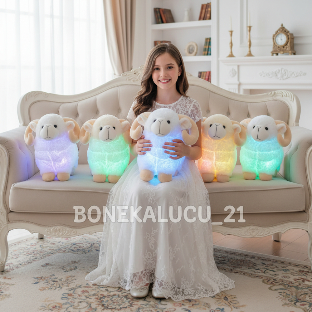 Boneka Domba Lucu Plus Led Bisa Nyala Size M 35cm Boneka Souvenir Aqiqah Laki-Laki & Perempuan