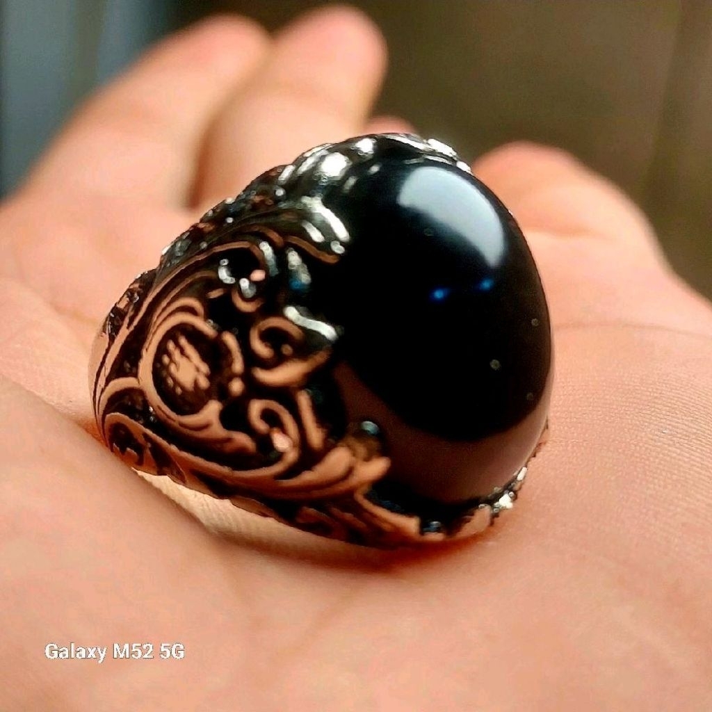 Cincin batu badar besi hitam asli natural nempel magnet ring alpaka super mewah elegan