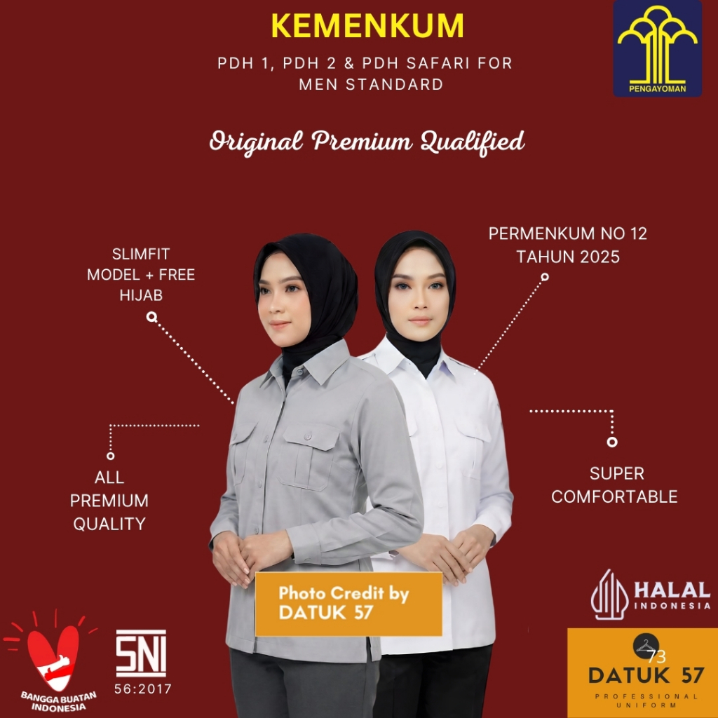 Original Datuk 57 Premium : Seragam Kemeja Baju Atasan PDH 1 PDH 2 PDH Safari Abu-abu & Putih untuk 