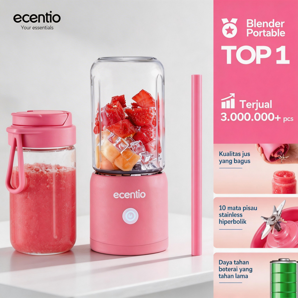 ecentio portable blender jus buah aesthetic, kapasitas double cup portable aman food grade, blender 